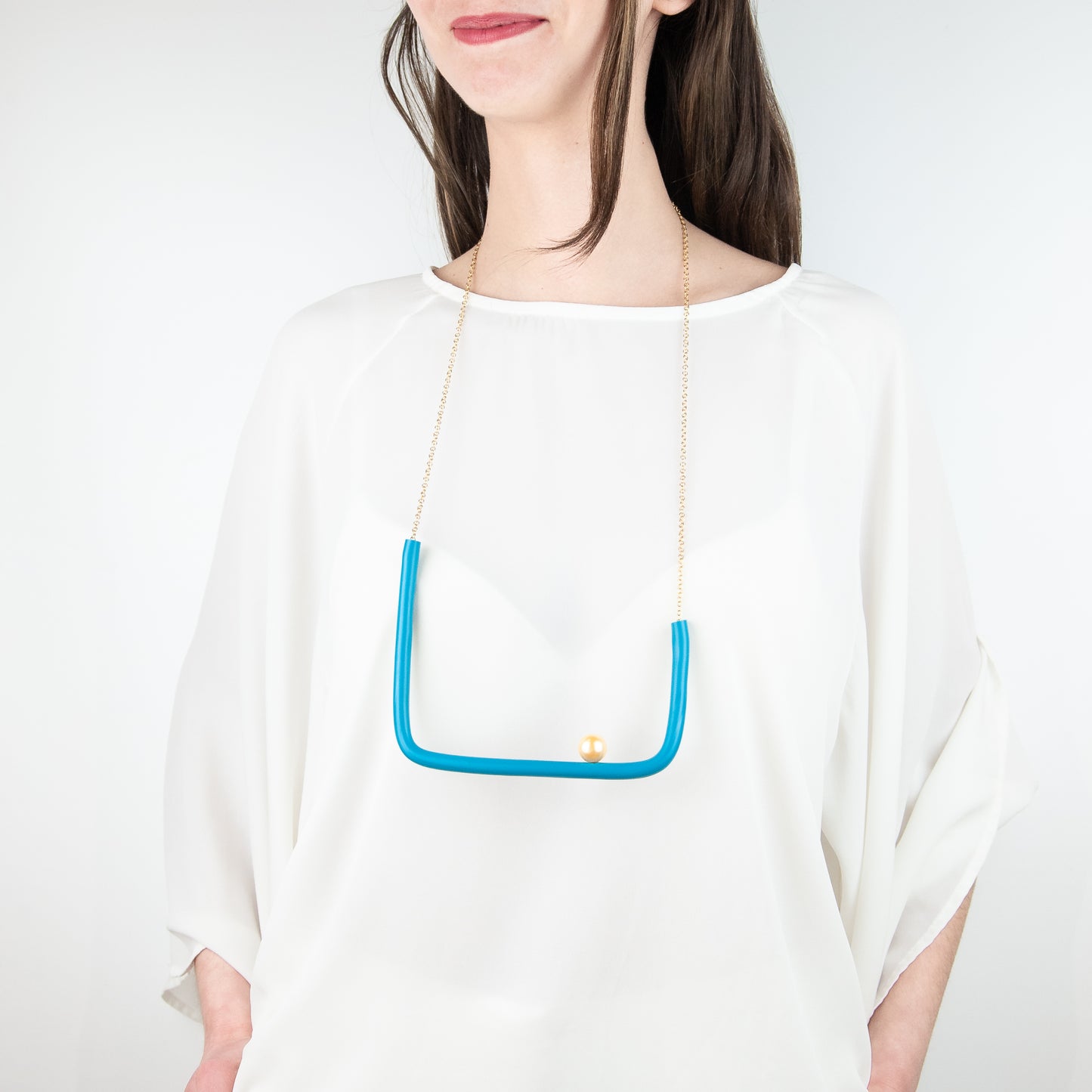 BILICO square necklace - teal color / gold pearl
